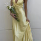 Gelb V-Ausschnitt rückenfrei Mode elegante lange Satin Ballkleid Abendkleid Hochzeitsgast Partykleid nv2013