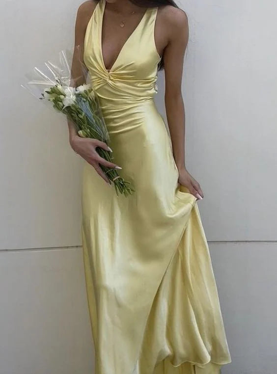 Gelb V-Ausschnitt rückenfrei Mode elegante lange Satin Ballkleid Abendkleid Hochzeitsgast Partykleid nv2013
