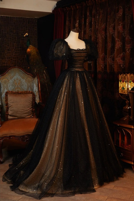 Dunkelgoldenes, besticktes Kleid, geheimnisvolles, langes, schimmerndes Retro-Kleid NV6537