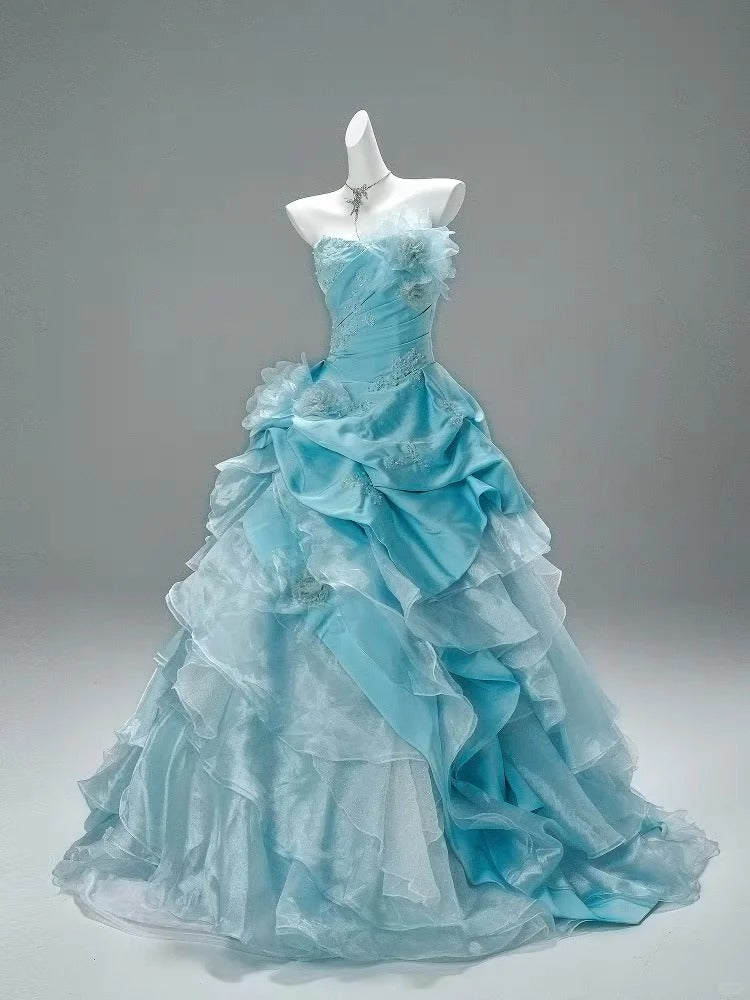 Robe de soirée longue en tulle bleu élégant et stylé nv4776