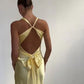 Gelb V-Ausschnitt rückenfrei Mode elegante lange Satin Ballkleid Abendkleid Hochzeitsgast Partykleid nv2013