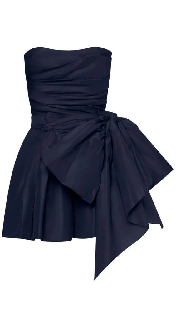 Marineblaues schulterfreies, modisches, kurzes Satin-Heimkehrkleid, Geburtstagspartykleid, NV5279