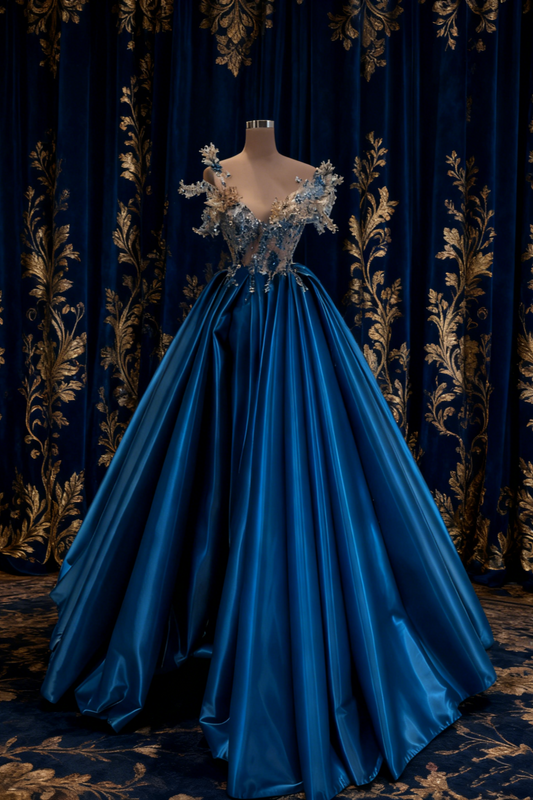 NiceVestidos-Königsblaues Satin-Abendkleid im Court-Stil mit tiefem V-Ausschnitt, 3D-Perlenverzierungen und bodenlanger Silhouette NV6221