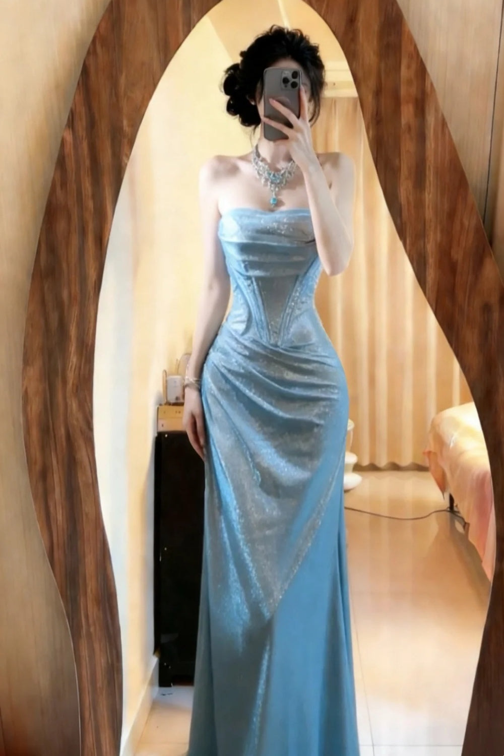 Langes blaues Satin-Abendkleid NV6666