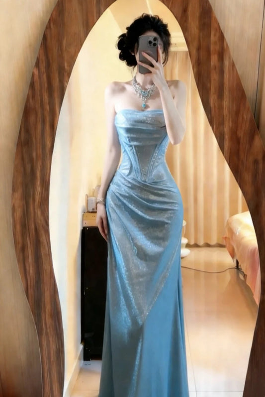 Robe de bal longue en satin bleu NV6666