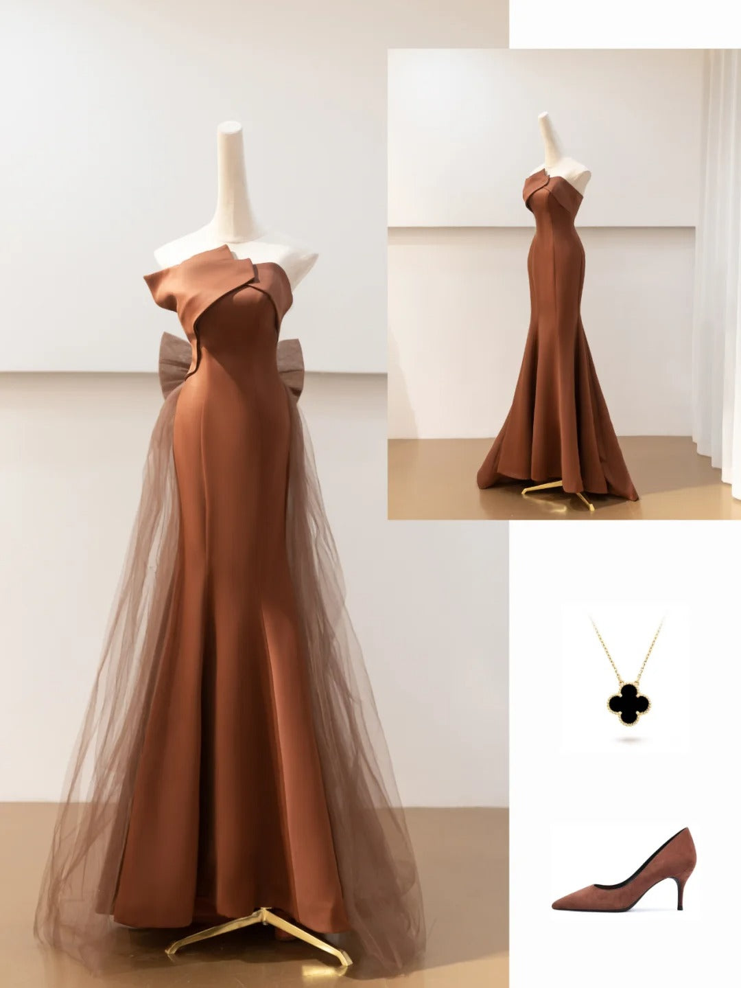 Robe de soirée longue en satin marron, élégante, style sirène, en tulle, nv4752
