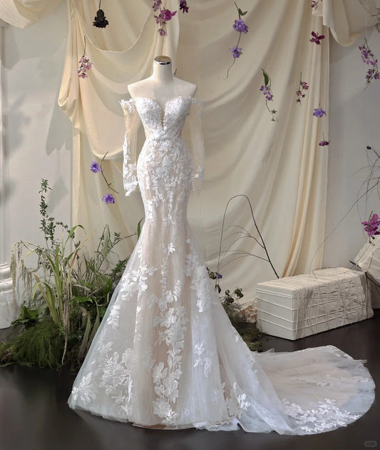 Weißes, florales Spitzenkleid mit Applikationen, langen Ärmeln, Meerjungfrau-Stil, schmale Passform, bodenlanges Ballkleid, Abendkleid, Brautkleid, NV4435