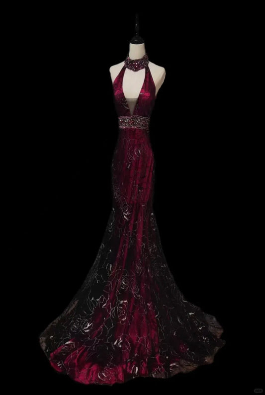 Plum sauce color V-neck gorgeous elegant long tulle ball gown evening dress nv4420