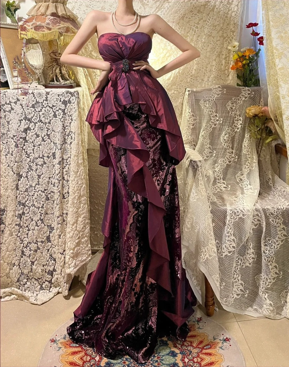 Robe de soirée longue en satin et dentelle violette, style sirène, nv4321