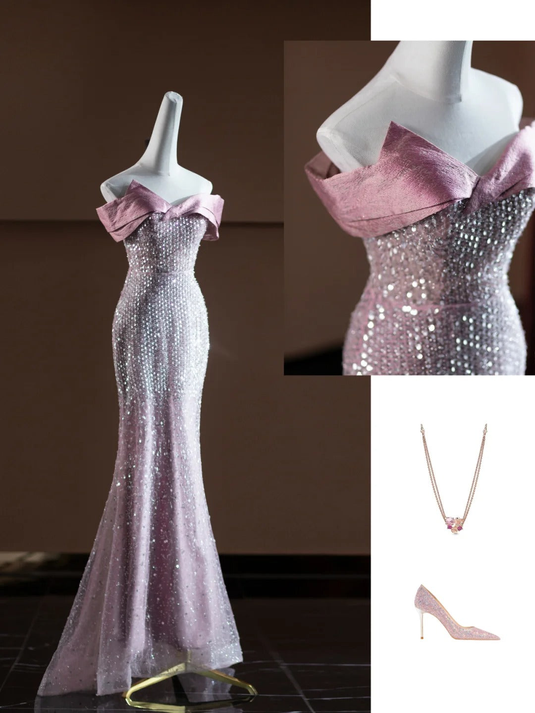 Rosa funkelndes langes Meerjungfrau-Ballkleid mit Pailletten, Abendkleid, Partykleid, nv4751