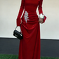 Red Velvet Flared Sleeve Maxi Dress - Asymmetric Neck Crystal Embellished Evening Gown  NV6797