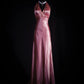 Rosa exquisite Perlen Retro-Mode lange Satin Ballkleid Partykleid nv5210