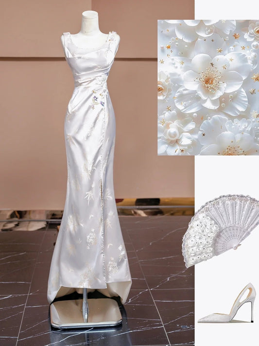 Weißes, florales, elegantes, langes Satin-Partykleid, Ballkleid, Abendkleid, NV4542