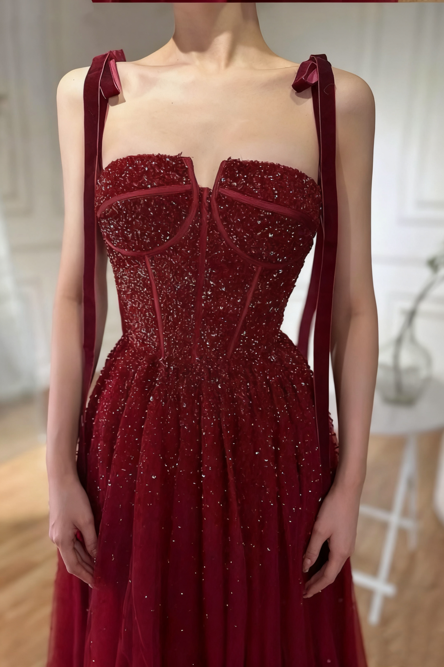 NiceVestidos - Robe de bal longue en tulle bordeaux à paillettes scintillantes NV5841