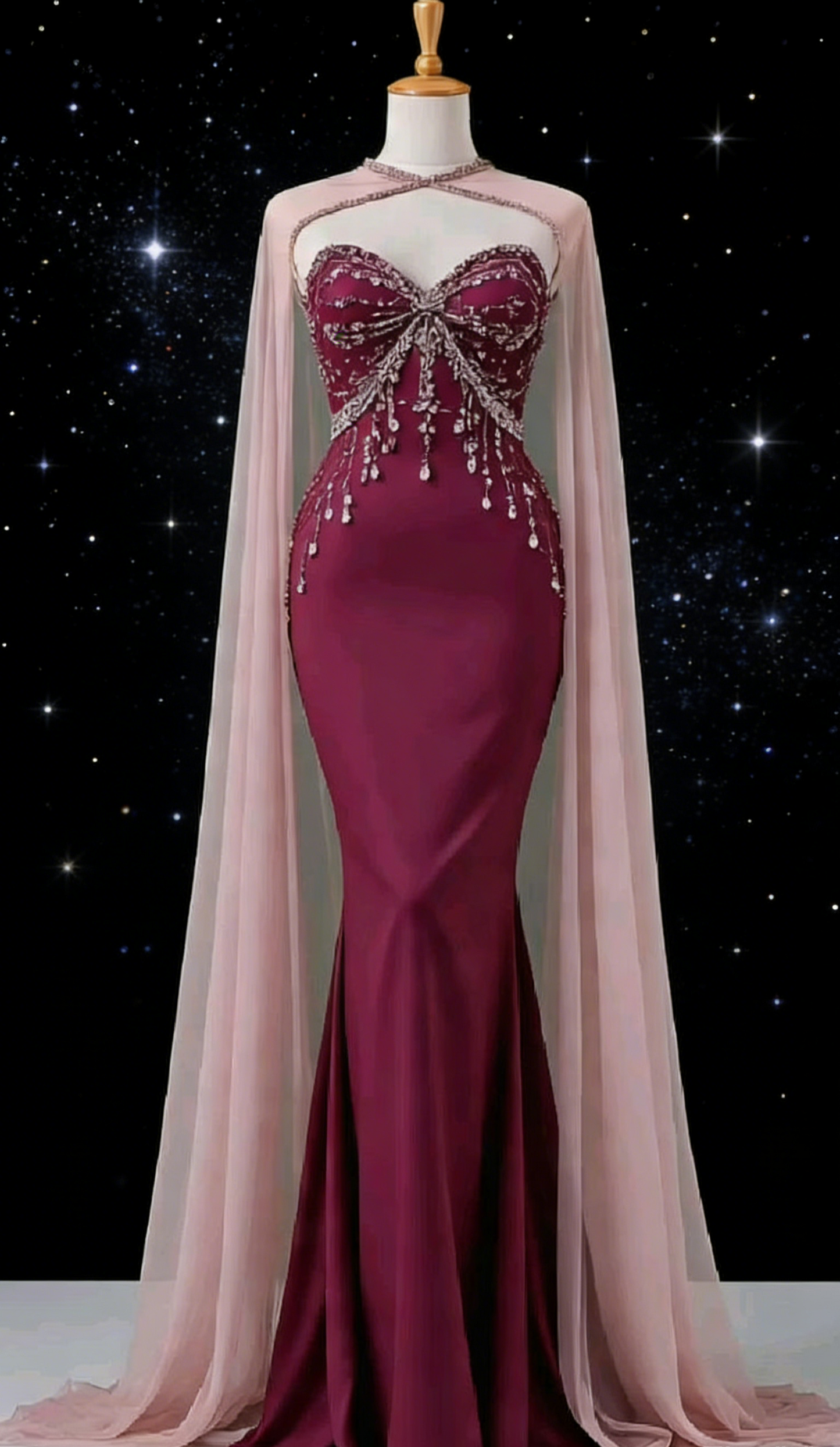 Burgundy Strapless Beaded Gown - Bow Cape Mermaid Evening/Red Carpet/Theme Party Maxi Dress NV6820