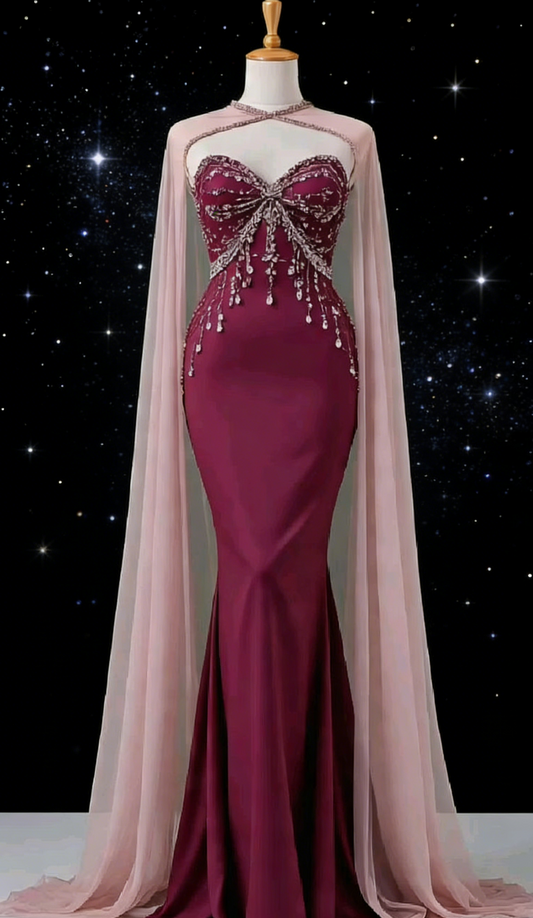 Burgundy Strapless Beaded Gown - Bow Cape Mermaid Evening/Red Carpet/Theme Party Maxi Dress NV6820