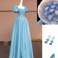 Robe de bal longue en satin bleu délicat et perlé, robe de soirée, robe de soirée, nv4731