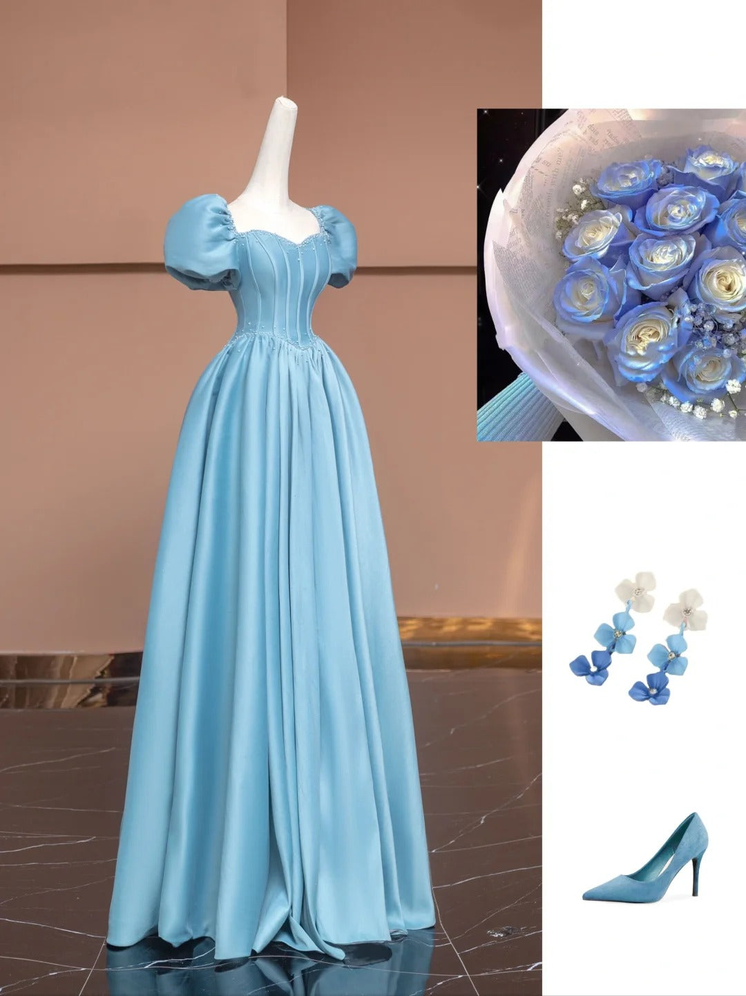 Robe de bal longue en satin bleu délicat et perlé, robe de soirée, robe de soirée, nv4731