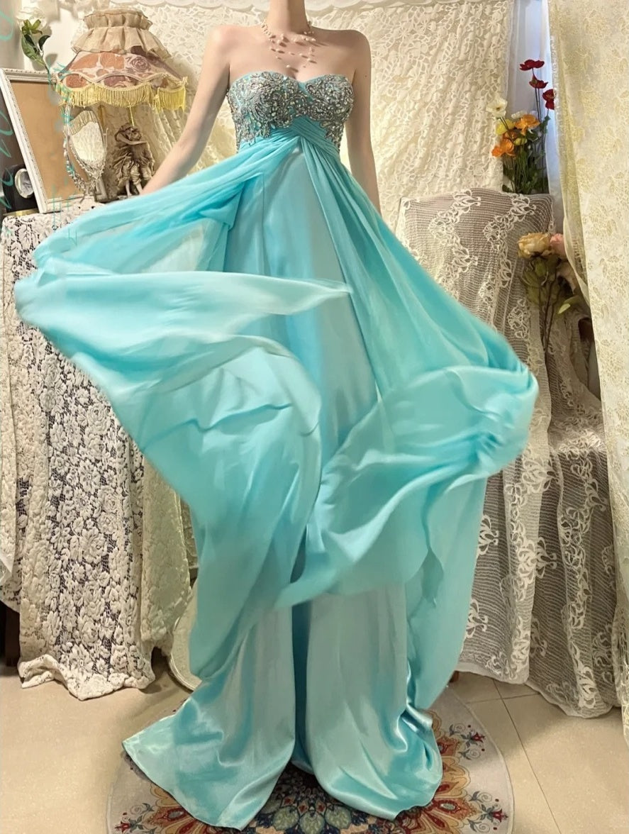 Blue beaded beautiful mermaid long chiffon ball gown evening dress party dress nv4322