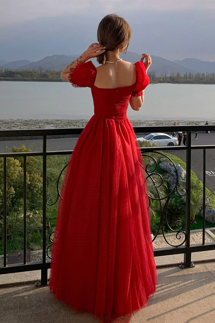 Red A-line Simple Elegant Tulle Long Ball Gown Evening Dress nv3005