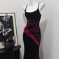 Robe de soirée longue en satin rouge et noir, élégante et vintage, à pompons, motif floral, tenue de bal, d'anniversaire, nv4051