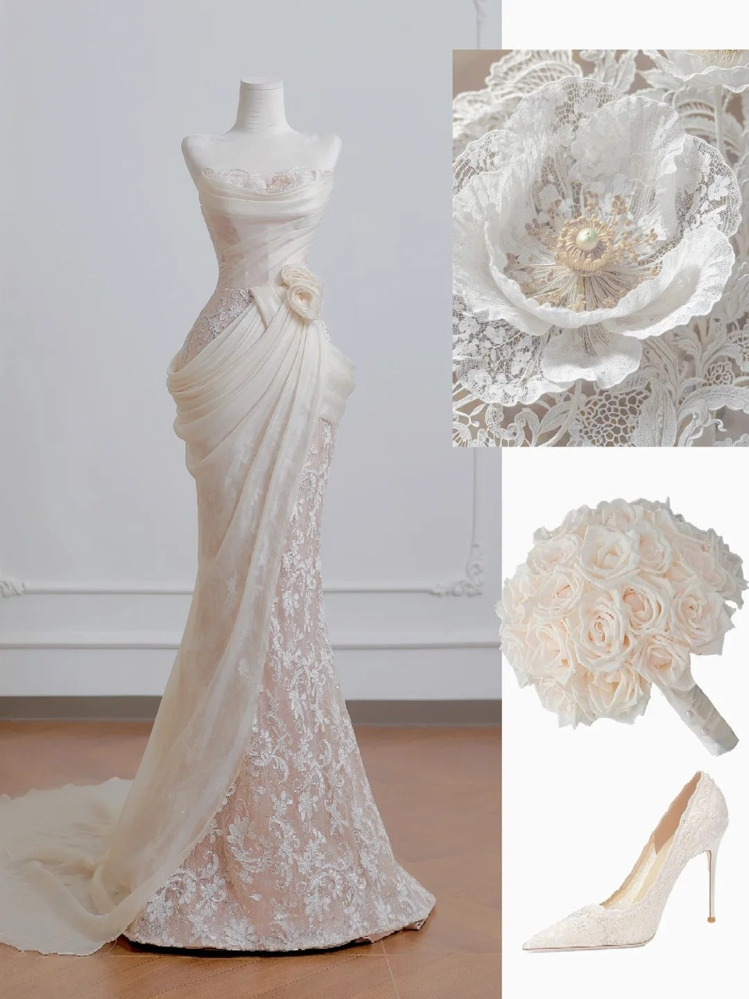 🤍🤍 Robe de mariée longue sirène en dentelle exquise et romantique, référence NV6582