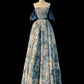 Blue Monet Water Lily Oil Painting Elegant Long Satin Floral Ball Gown Evening Dress Party Dress nv4184