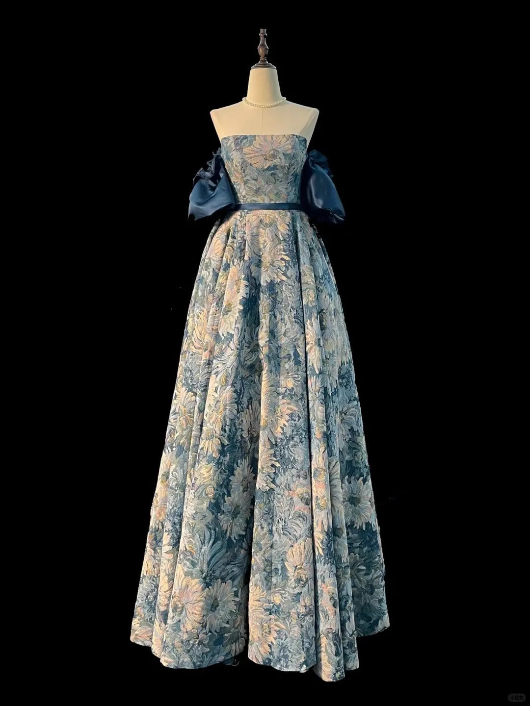 Blue Monet Water Lily Oil Painting Elegant Long Satin Floral Ball Gown Evening Dress Party Dress nv4184