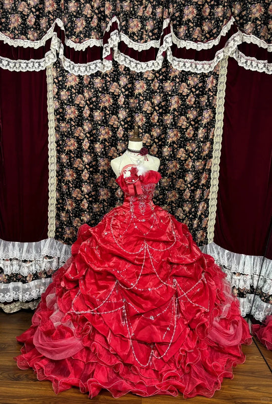 Rotes, florales, perlenbesetztes Prinzessinnen-Ballkleid aus Satin, langes Abendkleid für Quinceanera, NV4650