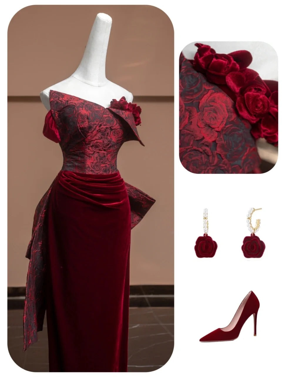 Robe de soirée longue en velours bordeaux à fleurs, élégante et tendance, nv4733