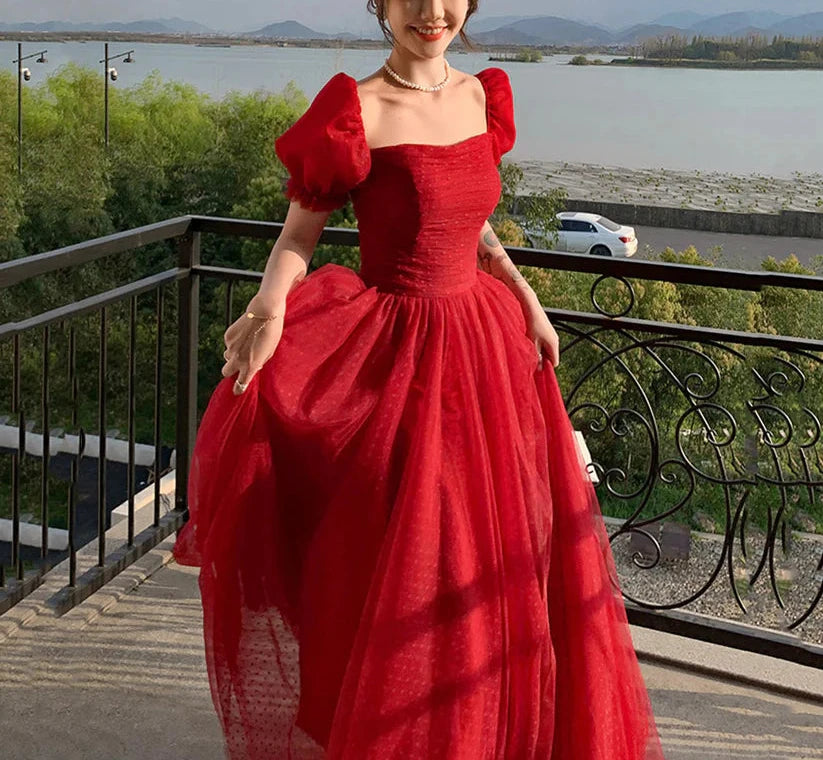 Red A-line Simple Elegant Tulle Long Ball Gown Evening Dress nv3005