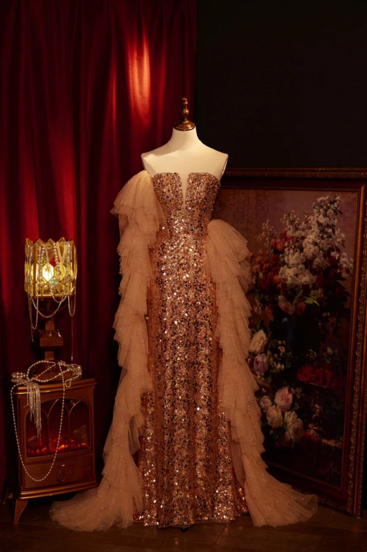 Luxuriöses, prachtvolles und exquisites langes formelles Goldkleid NV6538