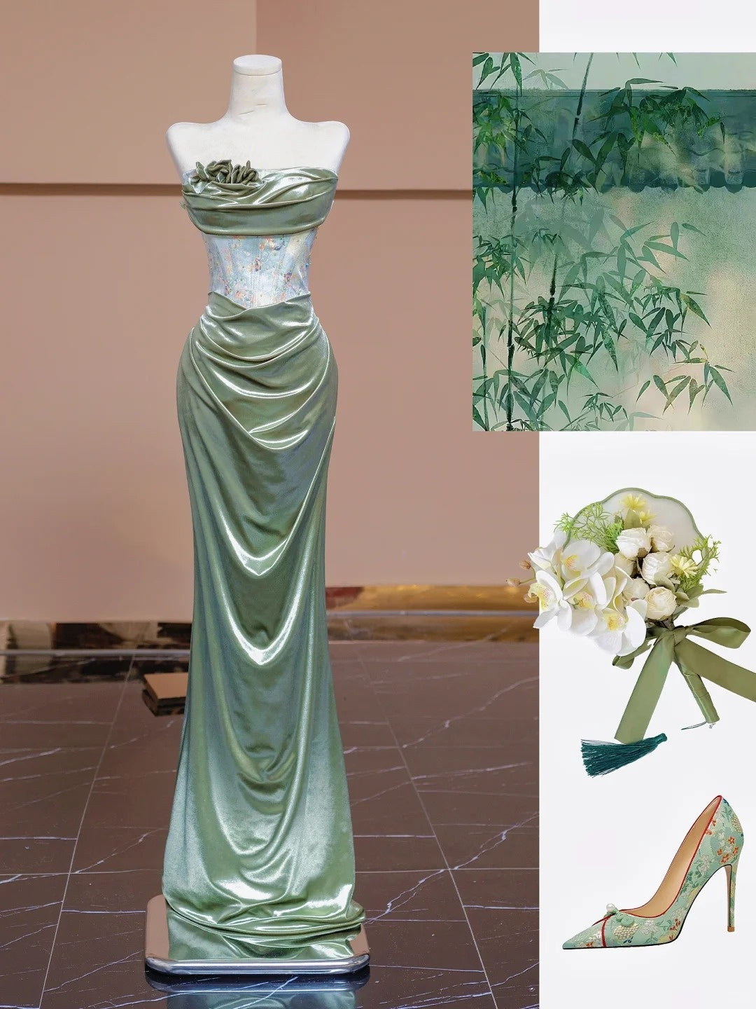 Robe de soirée élégante à fleurs style sirène, coupe ajustée, longue, longueur au sol, style bal, mode verte, nv4189