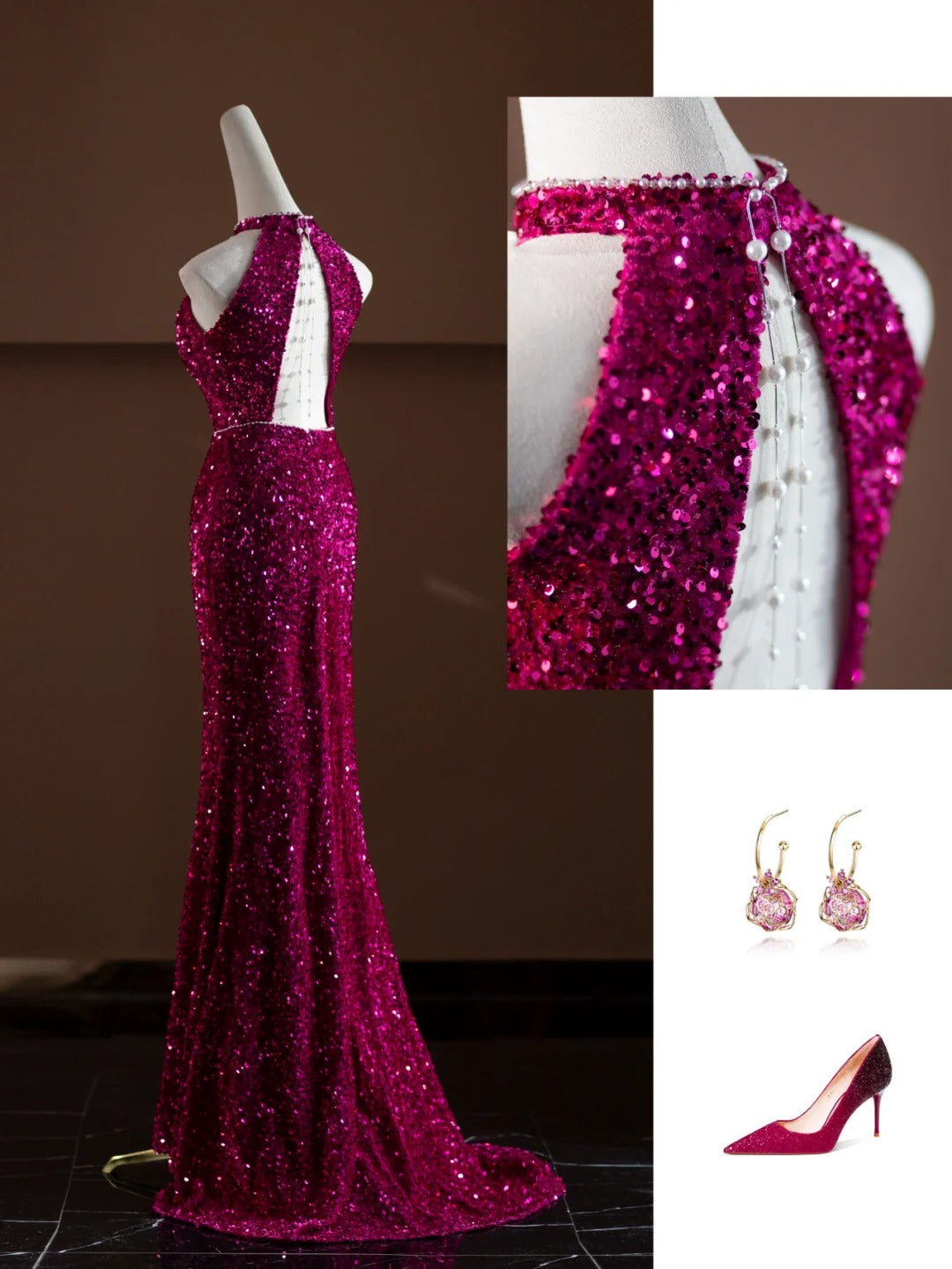Robe de soirée longue rose à paillettes scintillantes nv4750