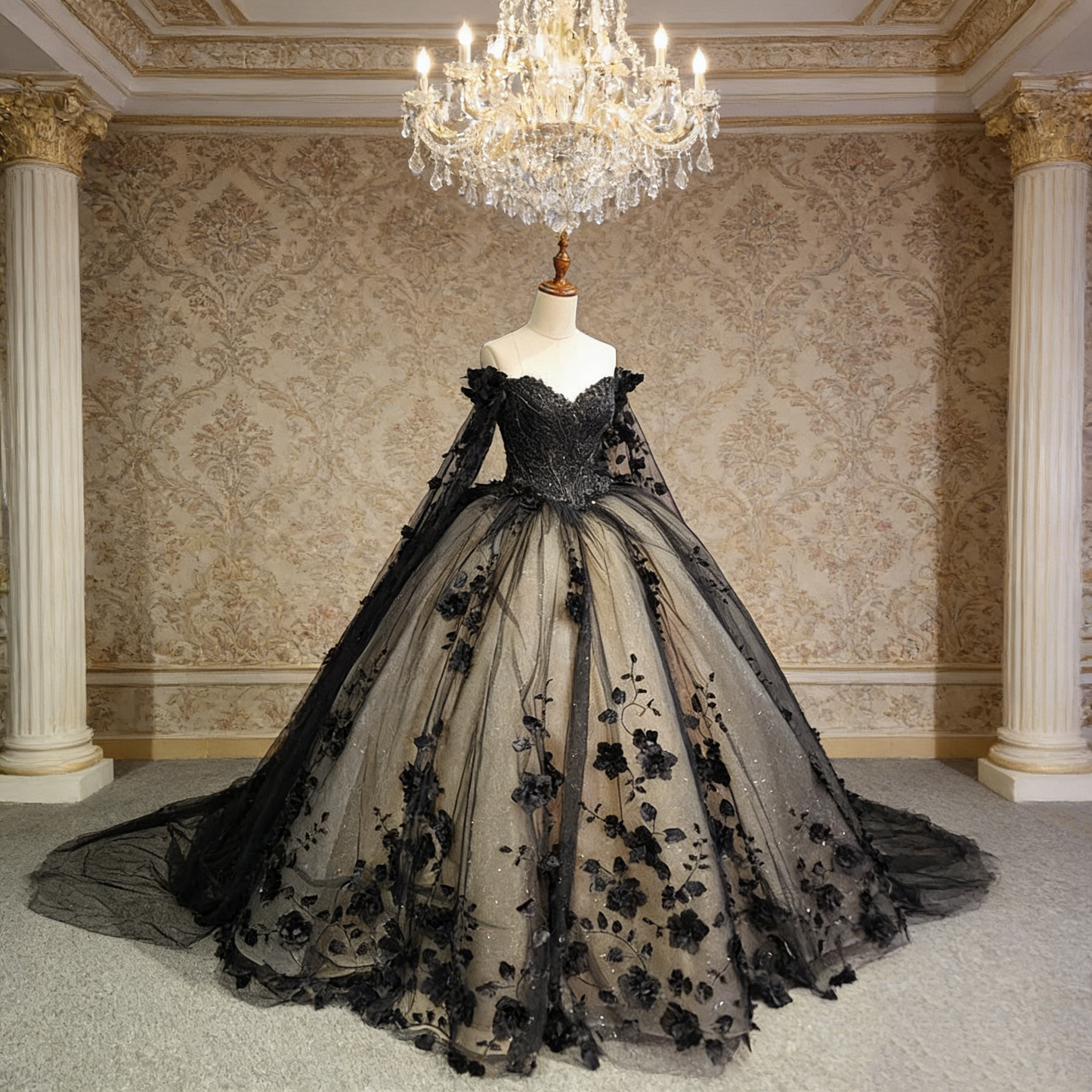 Brautkleid mit kontrastierender Schleppe aus schwarzer und weißer Spitze – Hochzeitskleid im Gothic-Stil NV6777