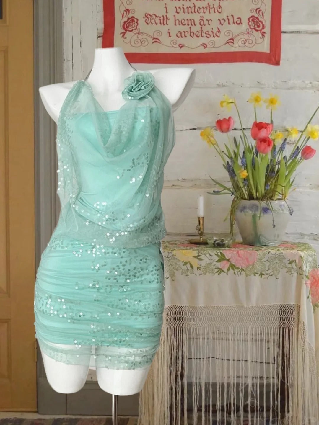 Mintgrünes, glänzendes, elegantes, kurzes Chiffon-Kleid mit Pailletten für den Heimkehr, Geburtstagspartykleid, nv4916