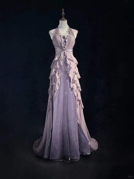 Purple Delicate Beading Elegant Long Tulle Prom Dres Evening Dress nv4925