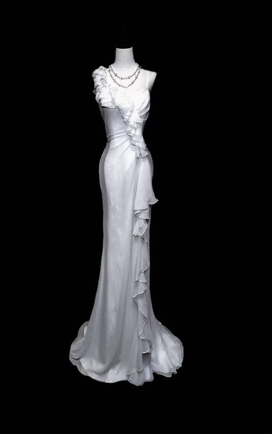 Weißes Meerjungfrau-Kleid mit Rüschen, schmal, elegant, lang, Tüll, Geburtstagskleid, Ballkleid, Abendkleid, nv4544