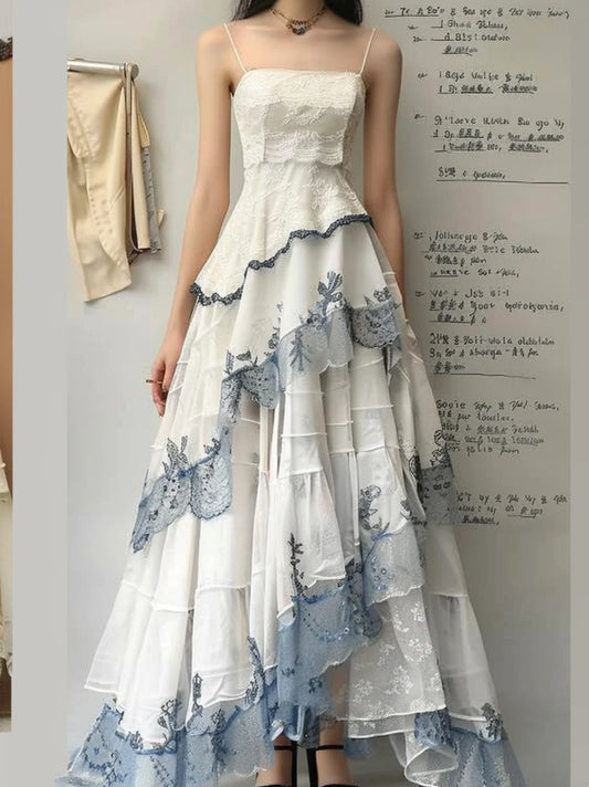 Blaues Muster, exquisite Stickerei, weiße Spitze, langer Tüll, mehrlagige Rüschen, asymmetrischer Saum, Fantasie-Märchen-Ballkleid, Abendkleid, Partykleid, NV4546