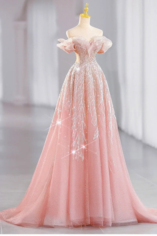 Rosa funkelndes elegantes langes Ballkleid aus Tüll, nv4227