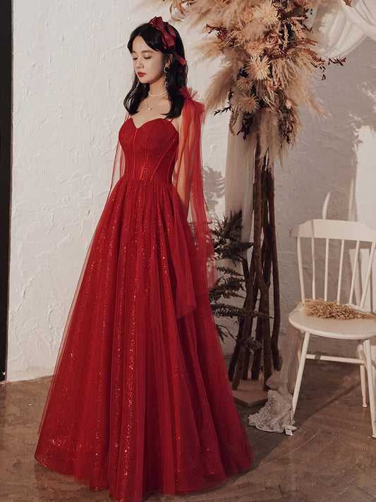 Burgunderrotes langes Ballkleid-Abendkleid aus Tüll mit Pailletten nv1900