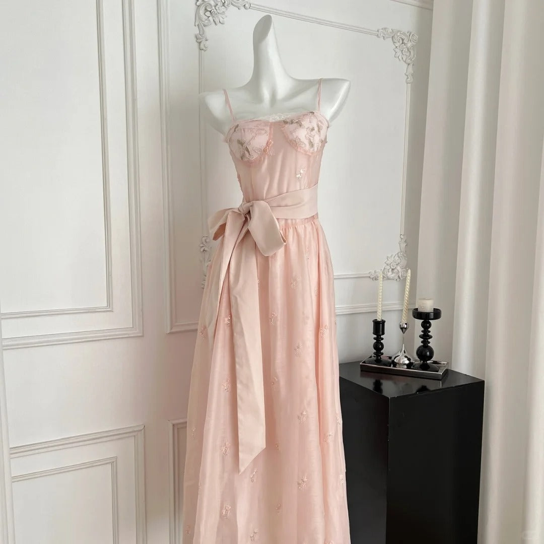 Robe de soirée longue rose à bretelles et broderies papillons, robe d'anniversaire nv4635