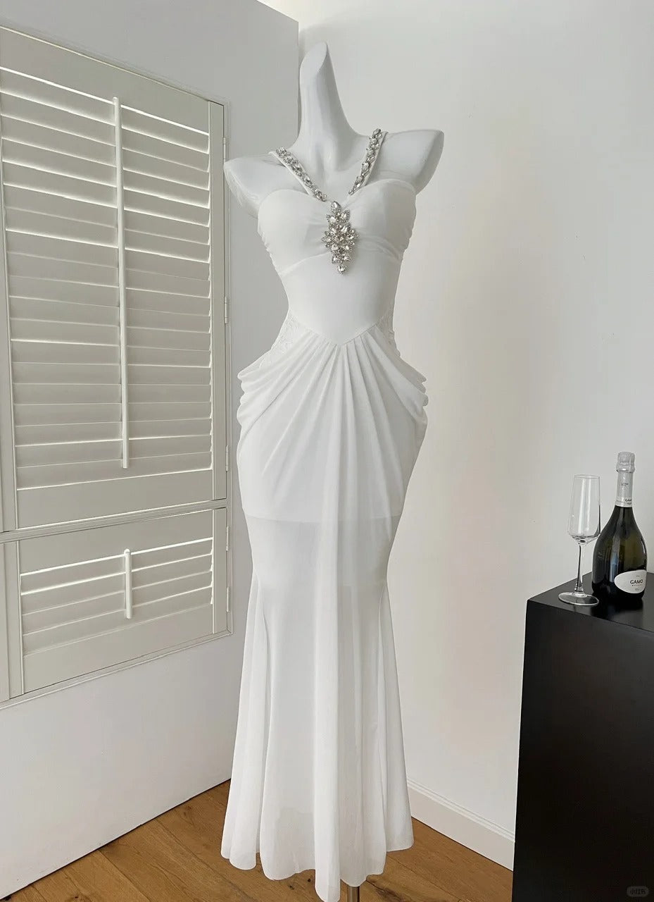 Robe de soirée blanche élégante, longue, dos nu, strass, tenue de bal, d'anniversaire, nv4632