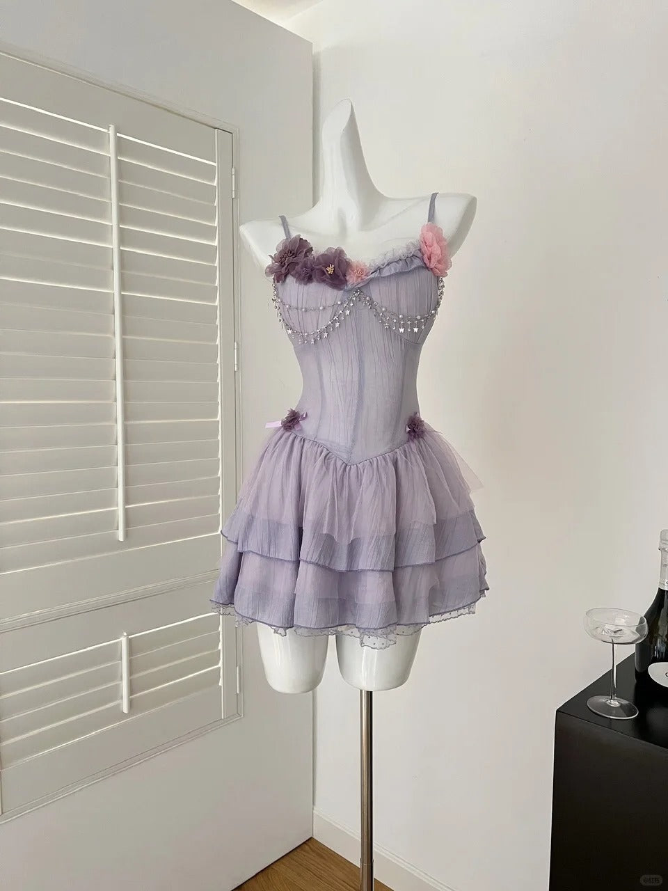 Lila Süßes Blumen Kurzes Chiffon Homecoming Kleid Ballkleid Abendkleid Geburtstagskleid nv4638