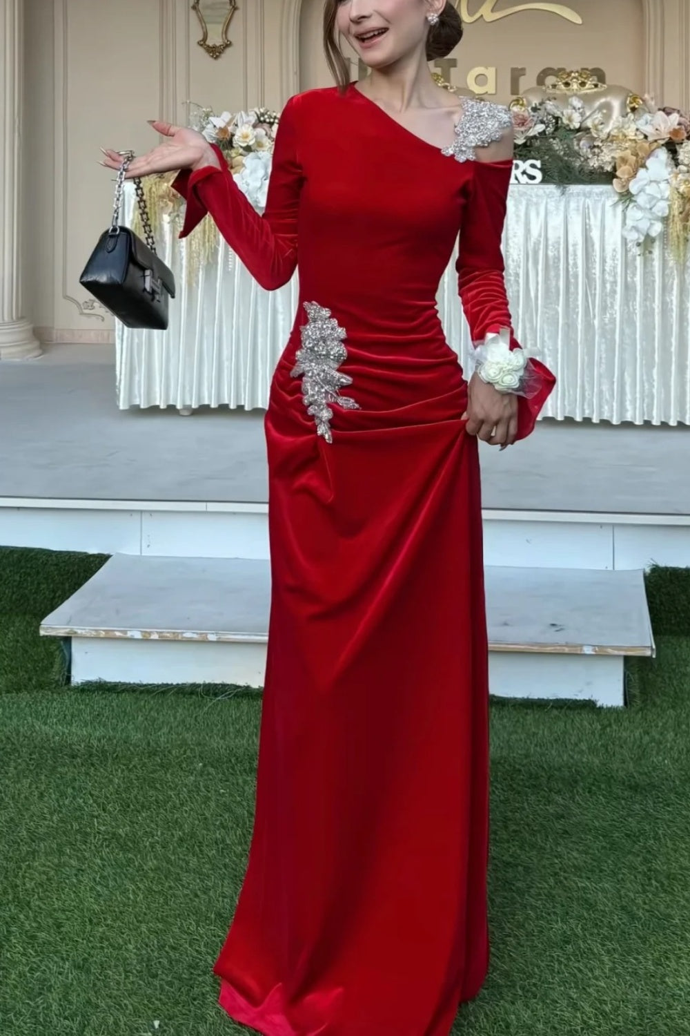 Red Velvet Flared Sleeve Maxi Dress - Asymmetric Neck Crystal Embellished Evening Gown  NV6797