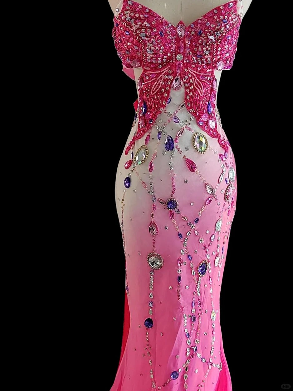 Pink Luxury Gorgeous Vintage Elegant Exquisite Gem Beaded Backless Long Mermaid Floor Length Train Chiffon Ball Gown Evening Gown Party Dress Prom Dress nv3965