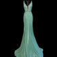 Mint Green Fashion Elegant V-neck Long Mermaid Slim Fishtail Skirt Satin Floor Length Train Ball Gown Evening Gown Party Dress Prom Dress nv3861