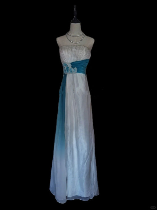 Blue White Gorgeous Delicate Floral Straps Long Tulle Floor Length Ball Gown Evening Gown Ball Gown Party Dress nv3902