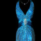 Blue shiny luxury gorgeous vintage elegant exquisite beaded backless long mermaid floor length trailing satin ball gown evening dress party dress prom dress nv3966