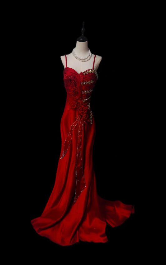 Red Gorgeous Retro Fashion Elegant Exquisite Gemstone Beads Long satin Mermaid Slim Fit Floor-Length Trailing Prom Dress Evening Dress Prom Dress nv3944